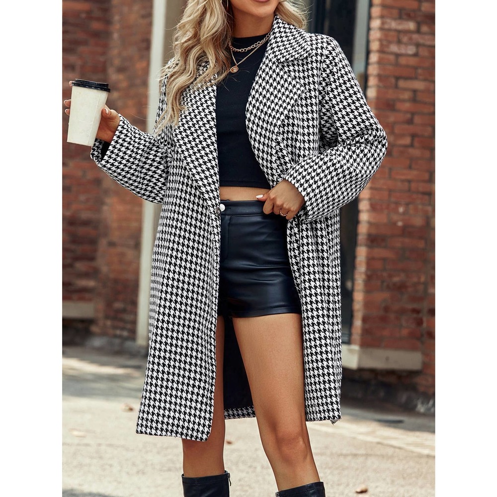 Houndstooth Lapel Collar Double Button Overcoat pea coat - Picture 1 of 6